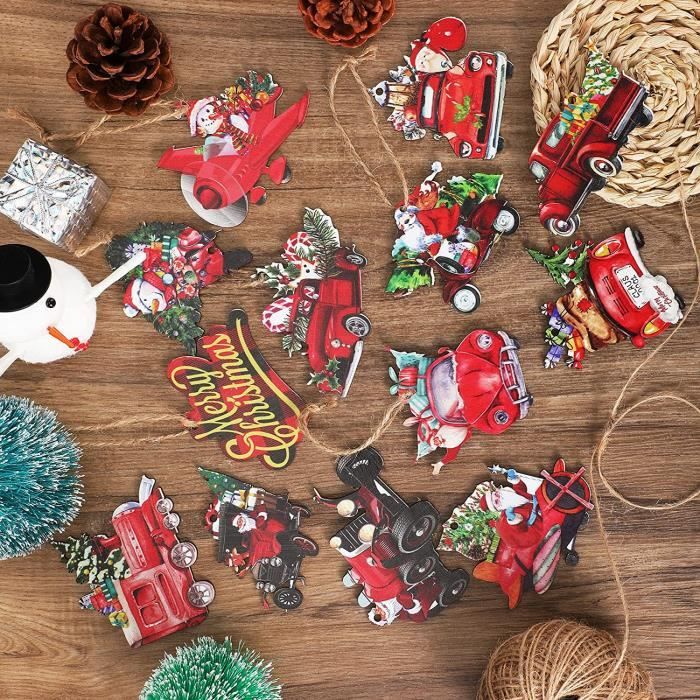Lot De 24 Décorations De Noël En Bois – 12 Modèles Différents (Père Noël, Camion, Etc.), Pendentifs à Peindre
