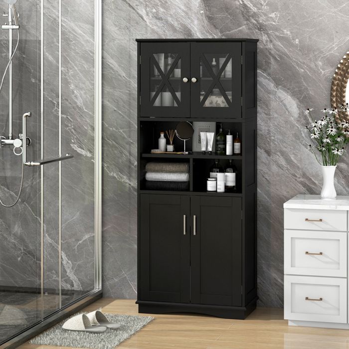 Meuble armoire colonne salle de bain bambou 4 portes et 2 niches - BEA