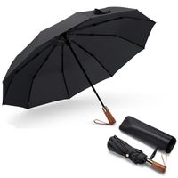 Parapluie Automatique Avec Manche En Bois, Fermeture Automatique, Protection Contre Pluie, Soleil, Vent, Durable, etc. Noir