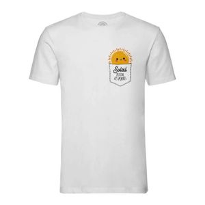T-SHIRT T-shirt Homme Col Rond Blanc Soleil plein les Poches Illustration Dessin Soleil Mignon