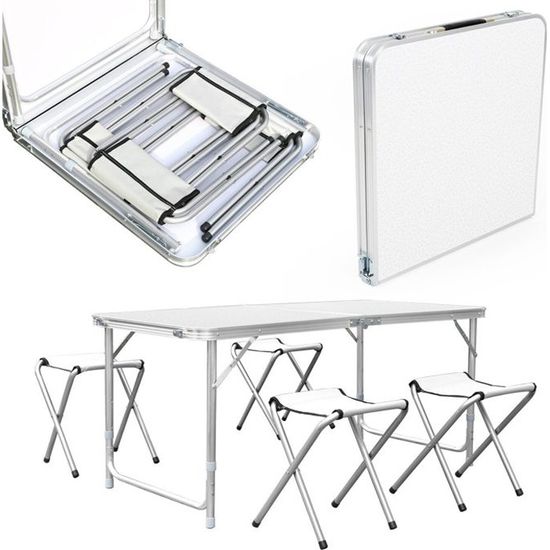 Table de Camping en Aluminium Table Pliante Table de Jardin Table Réglable en Hauteur et 4 Chaises 120X60cm
