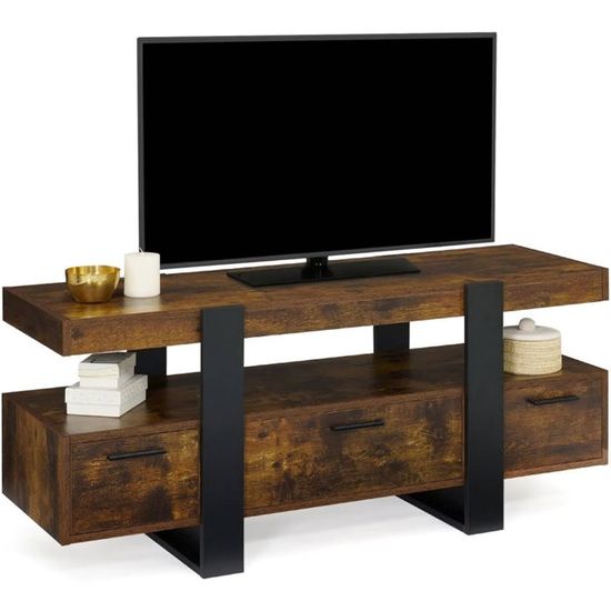 Meuble TV 140 cm PHOENIX avec tiroirs bois effet vieilli et noir