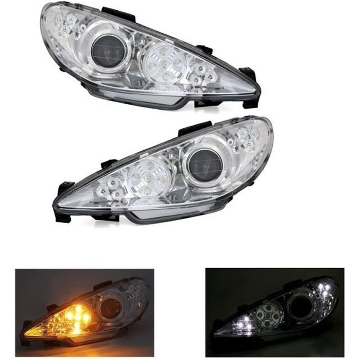 2 FEUX PHARE AVANT LED FOND CHROME POUR PEUGEOT 206 PHASE 2
