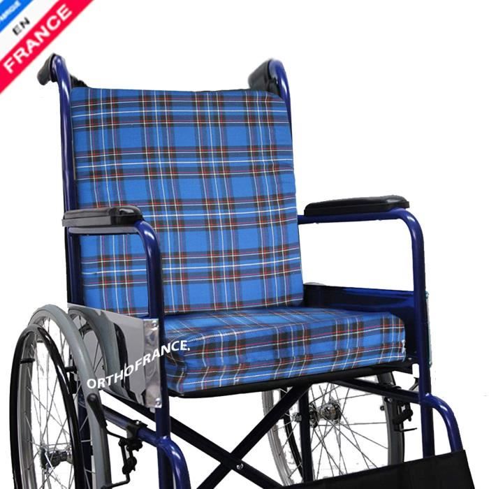 Coussin fauteuil roulant vhp et dossier en mousse Haute Résilience 35kg Housse écossais Orthofrance ®.
