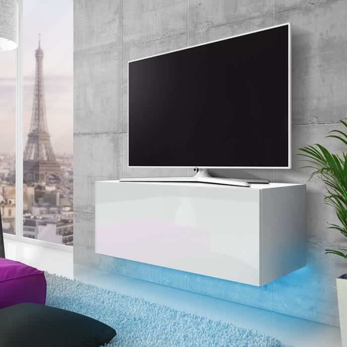 Meuble TV / Meuble de salon suspendu - LANA - 100 cm - blanc mat / blanc brillant - éclairage RBG multicolore - style moderne
