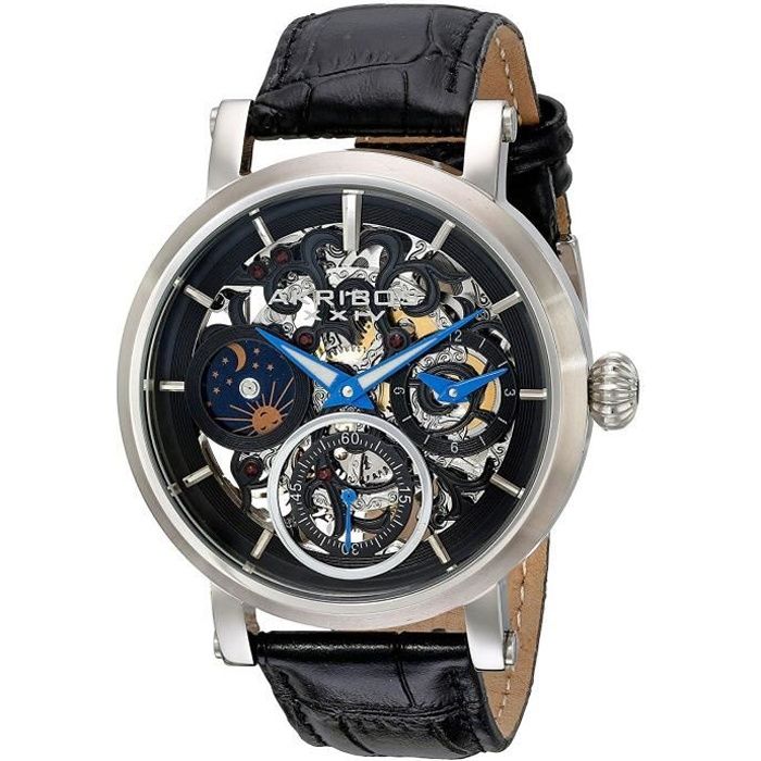 Akribos XXIV Hommes de montre mécanique avec affichage analogique et bracelet en cuir noir cadran noir ak745ssb