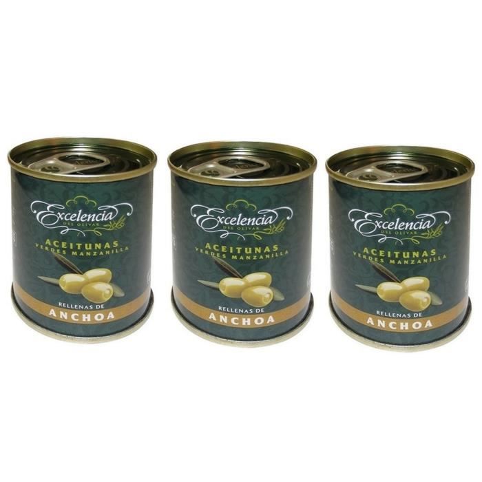 Olives vertes manzanilla farcies aux anchois 120 gr, Lot de 3 boites.
