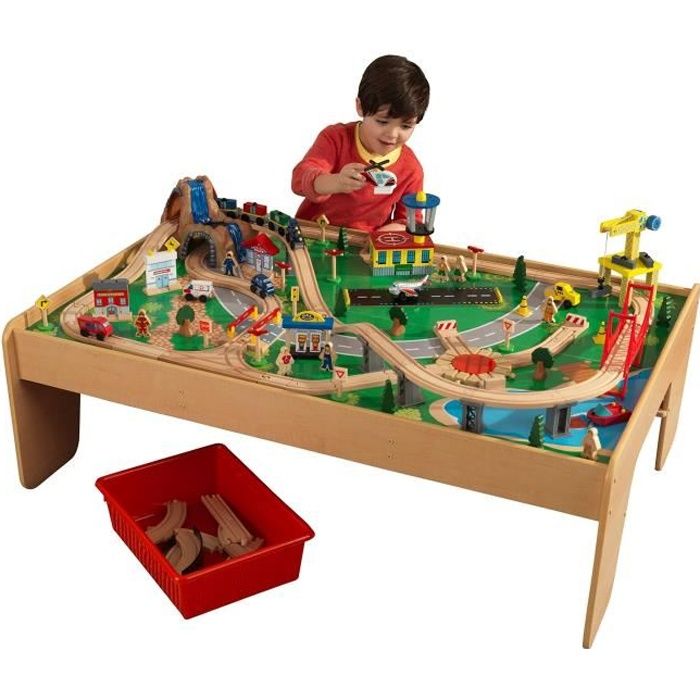 KidKraft 17850 Ensemble table circuit de train en bois Waterfall Mountain, jouet enfant incluant 120 pièces