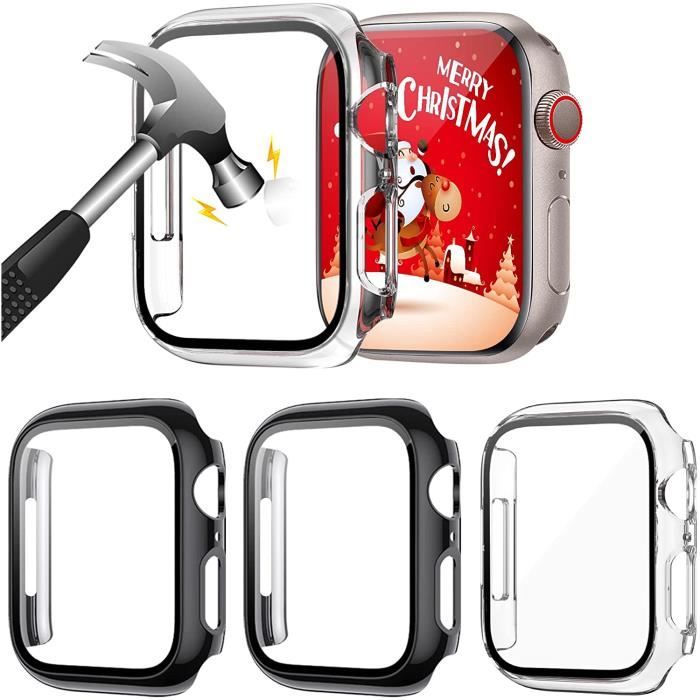 3 Pièces Dur PC Coque pour Apple Watch Series 7 41mm avec Verre Trempé Protection écran, Couverture Complète,Noir+noir+transparent