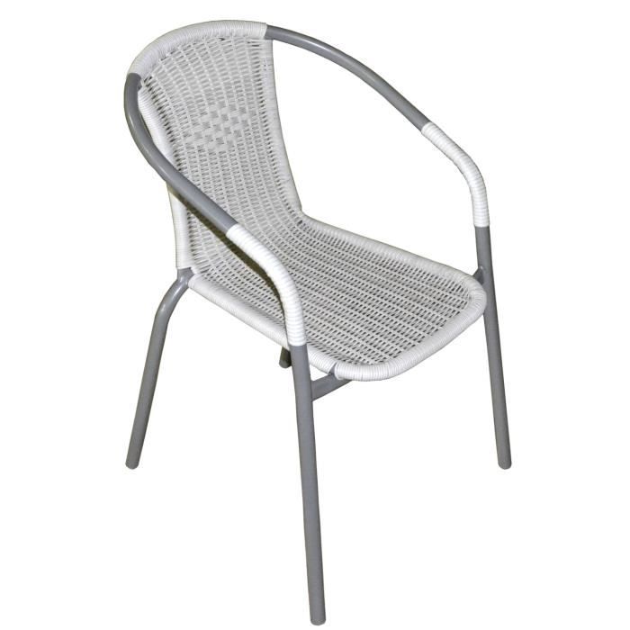 Fauteuil en fer Ø 25mm vernis gris avec fils en plastiques plats coloris blanc cassé - Dim : H 77 x L 58 x P 52 cm
