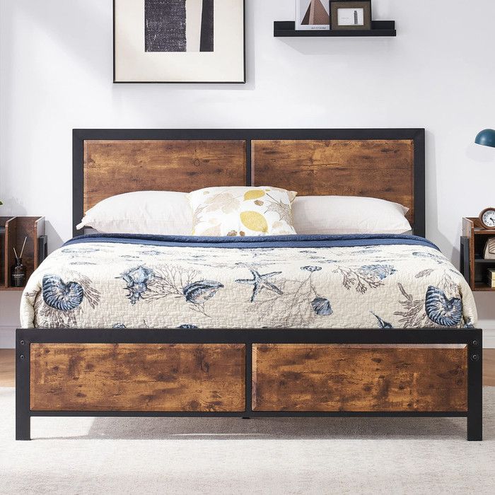 VECELO Letto Matrimoniale 140x190 Cm Con Testiera In Legno – Struttura In Metallo Con Contenitore – Marrone - 3