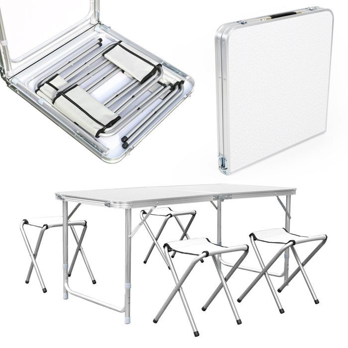 Table de Camping en Aluminium Table Pliante Table de Jardin Table Réglable en Hauteur et 4 Chaises 120X60cm