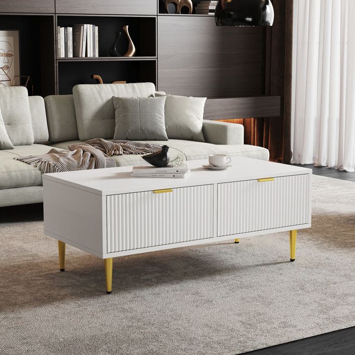 MODERNLUXE Table basse - 2 tiroirs - design rayures verticales - Blanc MODERNLUXE Table basse - 2 tiroirs - design rayures verticales - Blanc