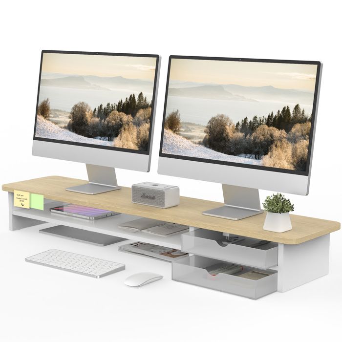 Rehausseur D'écran En Bois Blanc Pour Bureau - 55x20cm, Espace Rangement, Ergonomique Pour PC, TV