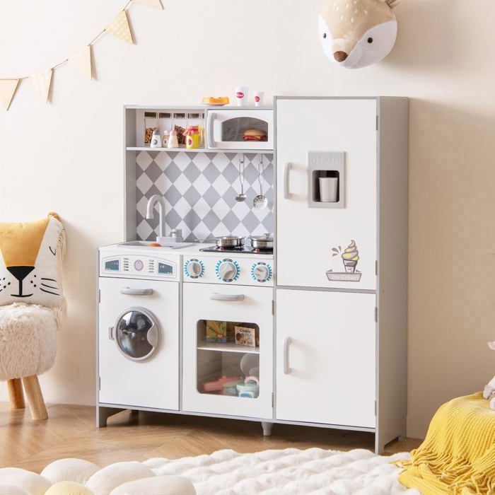 Cuisine Enfants 3 Ans+ COSTWAY en Bois - 9 Accessoires avec Machine à Glaçons Cuisinière Machine à Laver Four Micro-ondes Blanc