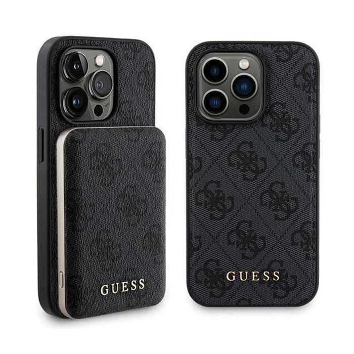 Guess Bundle Pack MagSafe 4G Metal Gold Logo - Ensemble coque + Power Bank 5000mAh MagSafe iPhone 14 Pro Max (noir)