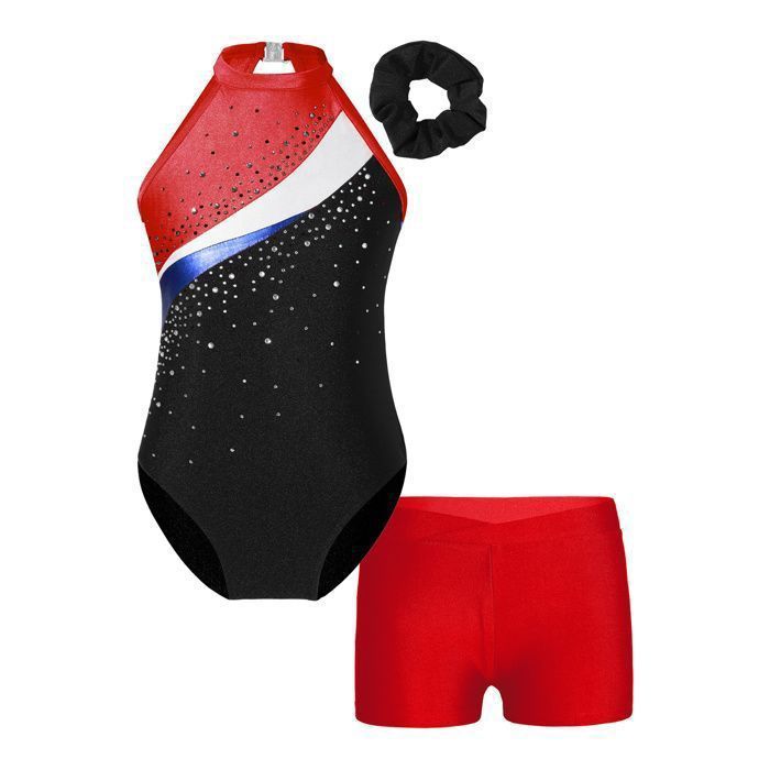 Ranrann Justaucorps Gymnastique Fille Strass Brillant Sans Manches + Short – Patinage, Danse, 5-16 Ans