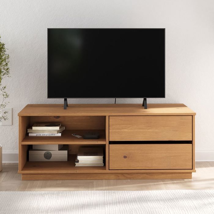 Meuble TV MAITE L 110 cm avec 2 tiroirs et 2 niches en bois massif coloris chêne pour télé jusqu’à 47 meuble TV salon Meuble TV MAITE L 110 cm avec 2 tiroirs et 2 niches en bois massif coloris chêne pour télé jusqu’à 47 meuble TV salon
