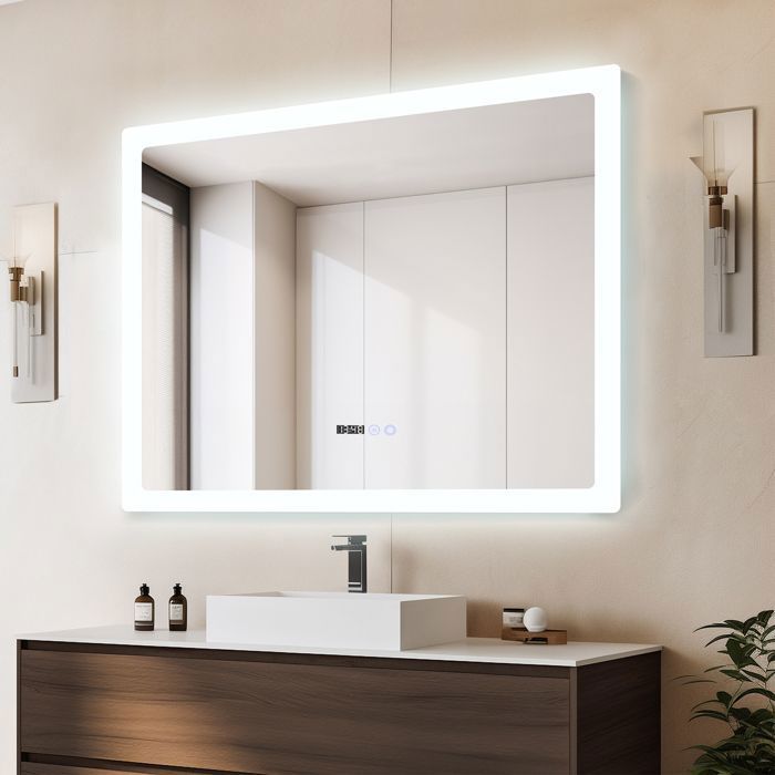 100x80cm Miroir de Salle de Bain LED Anti-Buée Éclairage Réglable 3 Couleurs Touche Tactile Miroir Lumineux
