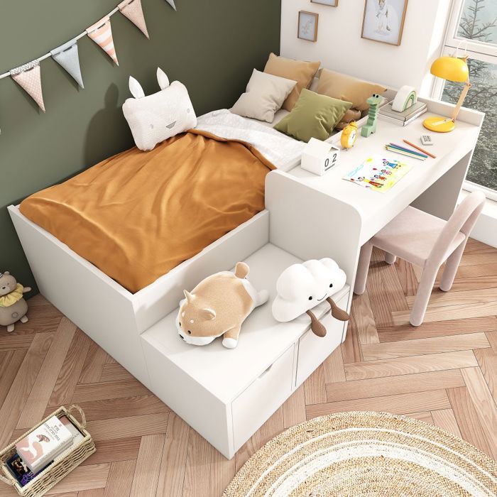 Lit enfant 90x200cm bois massif blanc - Bureau tiroirs & sommier lattes - Lit coffre mixte garçon/fille - Sans Matelas Lit enfant 90x200cm bois massif blanc - Bureau tiroirs & sommier lattes - Lit coffre mixte garçon/fille - Sans Matelas