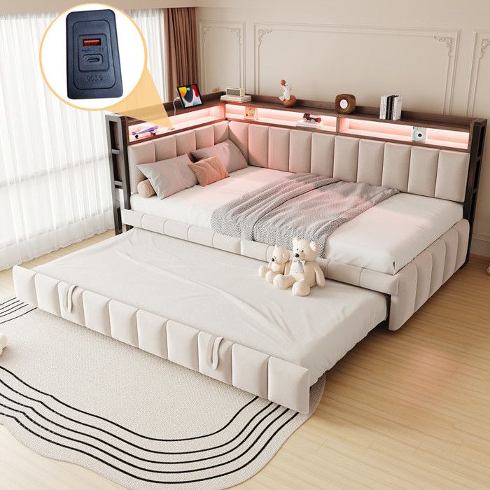 Lit gigogne rembourré 90x200 cm -Avec LED - Ports USB et Type-C - Beige (matelas non inclus) Lit gigogne rembourré 90x200 cm -Avec LED - Ports USB et Type-C - Beige (matelas non inclus)