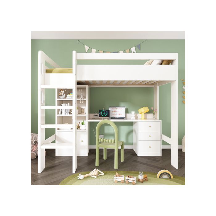 Lit superposé enfant - SOGEU - Lit Superposé Enfant - 90x200 cm - Bureau USB - Armoire et tiroirs