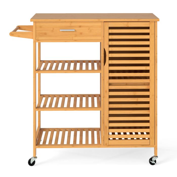 GOPLUS Desserte de Cuisine en Bambou avec Tiroir 3 Compartiments OuvertsArmoire à Une PortePorte-serviettes91x44x89cm