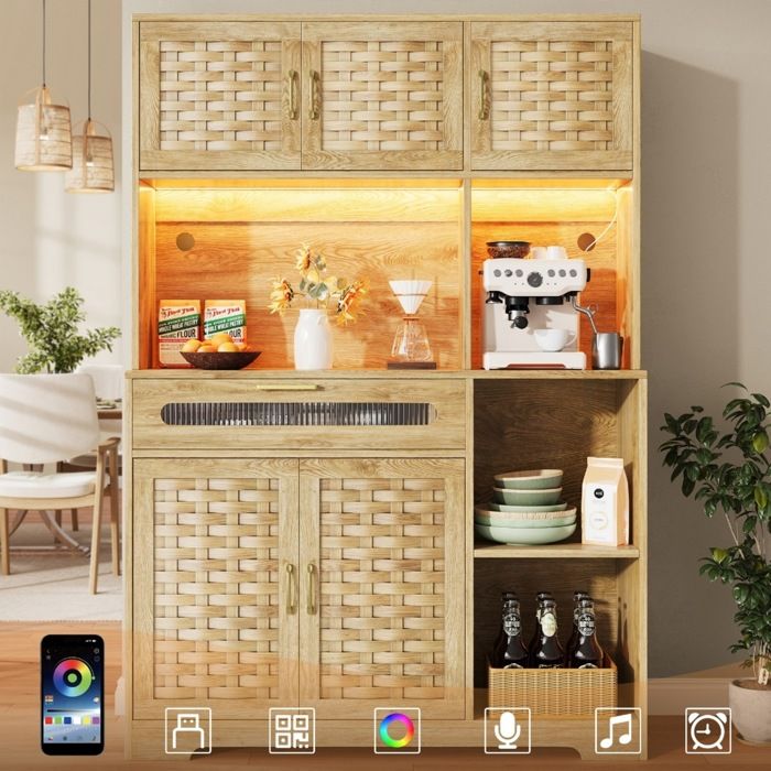 Buffet de cuisine 120x40x180 cm Armoire haute bois Meuble de rangement salon avec éclairage LED 5 portes 1 tiroir - naturel