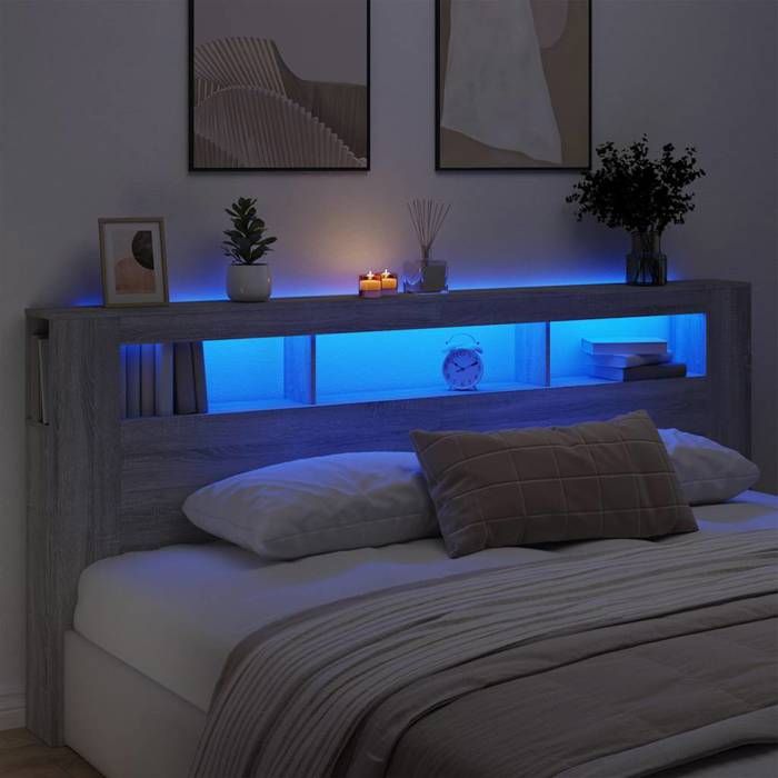 Tête de lit à LED - Happiness - Sonoma gris - 220x18 5x103 5 cm - Bois dingénierie - Lumières LED RVB - Connecteur USB Tête de lit à LED - Happiness - Sonoma gris - 220x18 5x103 5 cm - Bois dingénierie - Lumières LED RVB - Connecteur USB