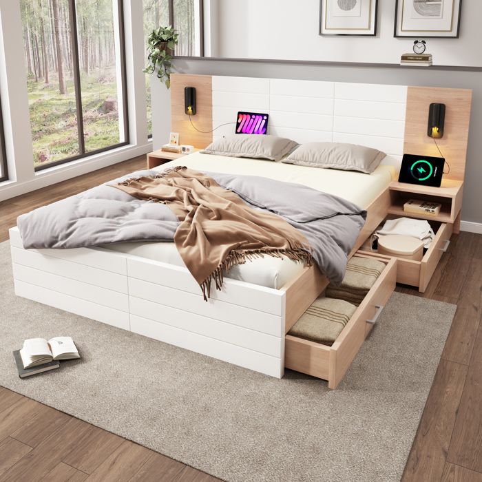 Lit double 160x200 cm chêne et blanc avec sommier à lattes 2 tiroirs 2 tables de chevet et lampe USB (sans matelas)