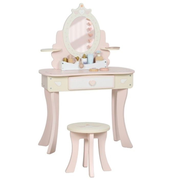 Coiffeuse et bureau enfant 2 en 1 rose avec chaise tiroir miroir amovible et 7 accessoires 59.8x29.6x89.8cm