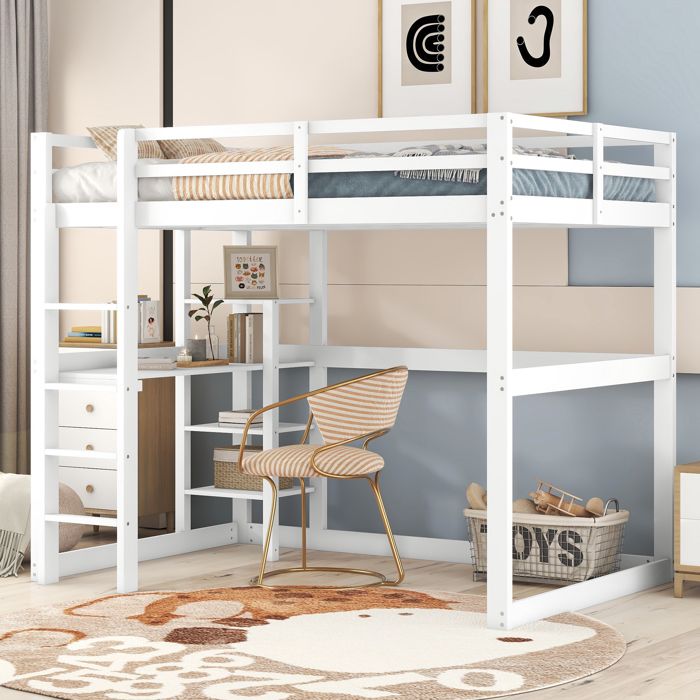 Lit mezzanine 140x200 cm lit enfant avec 4 étagères rangement et bureau pin blanc Sans matelas