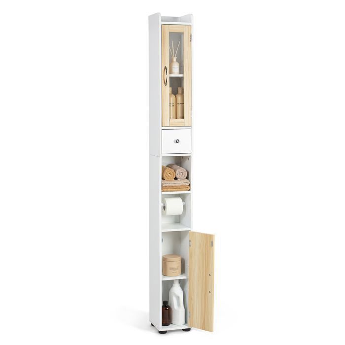 Todeco Meuble de Salle de Bain Étroit 180 x 20 x 20 xcm Meuble de Rangement Haute avec 2 Portes et 1 Tiroir Étagère Réglable Todeco Meuble de Salle de Bain Étroit 180 x 20 x 20 xcm Meuble de Rangement Haute avec 2 Portes et 1 Tiroir Étagère Réglable