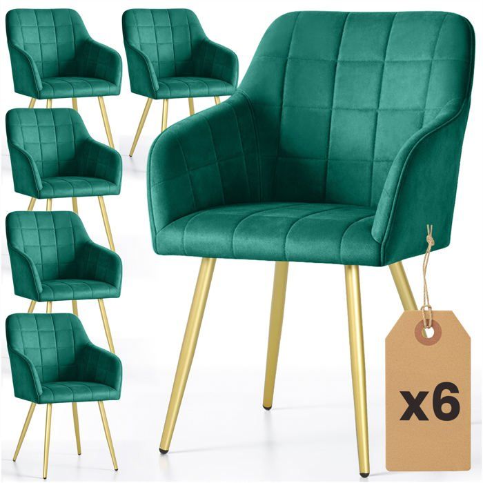 Lot de 6 Chaises rembourrées à surpiqûres carrées LUXANO Vert Bouteille pieds dorés
