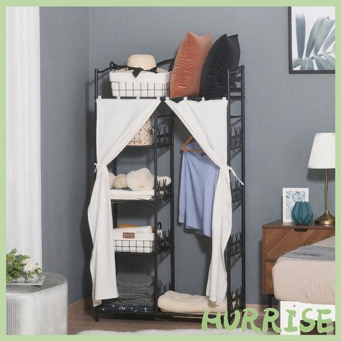 Cocosity Armoire Chambre Adulte Penderie Vêtement Dressing Multi Rangements 5 Étagères 84L X 42L X 159H Cm Métal Noir 2 Rideaux Bl