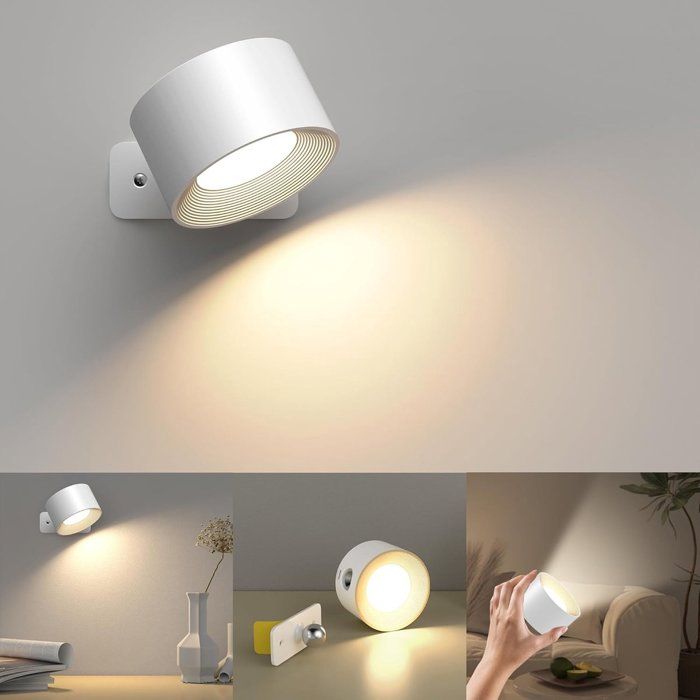 Lampe murale LED rechargeable sans fil pour intérieur blanche - 3 couleurs/3 niveaux de luminosité - Rotation à 360°