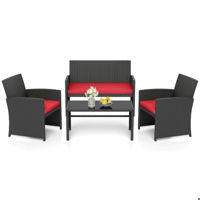 GIANTEX Salon de Jardin Exterieur en Rotin PE 4 Pièces Canapé 2 Places 2 Fauteuils Table Basse avec Plateau en Verre Rouge