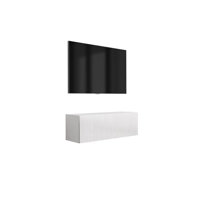 Meuble TV mural fermé - Blanc mat - Façade rainurée - 100 cm - Compartiments fermés et étagère ouverte