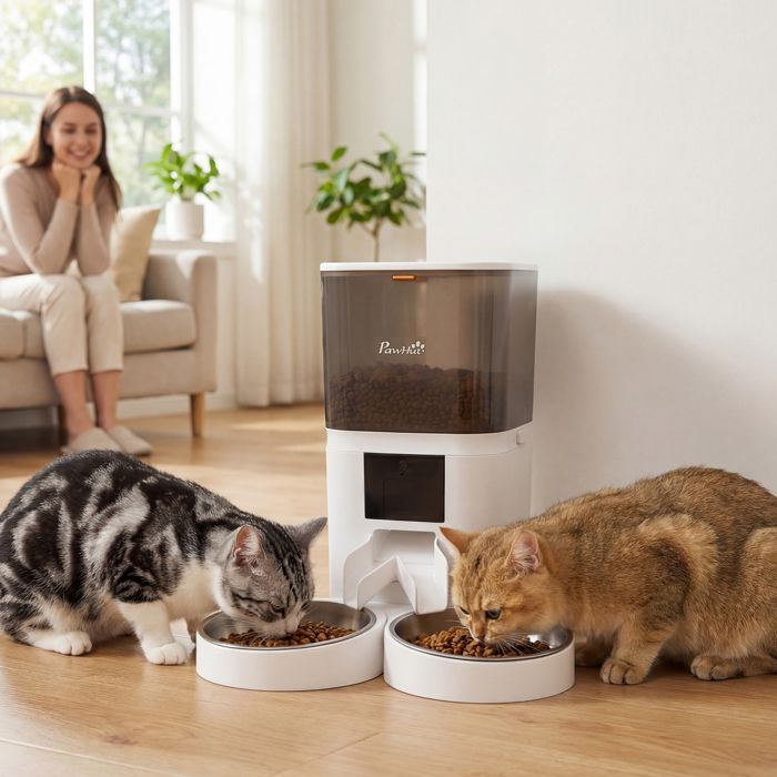 Distributeur Croquettes Chat Automatique 2 Animaux 6L Double Bol Inox WiFi Tuya App ABS 37x36x35cm Blanc