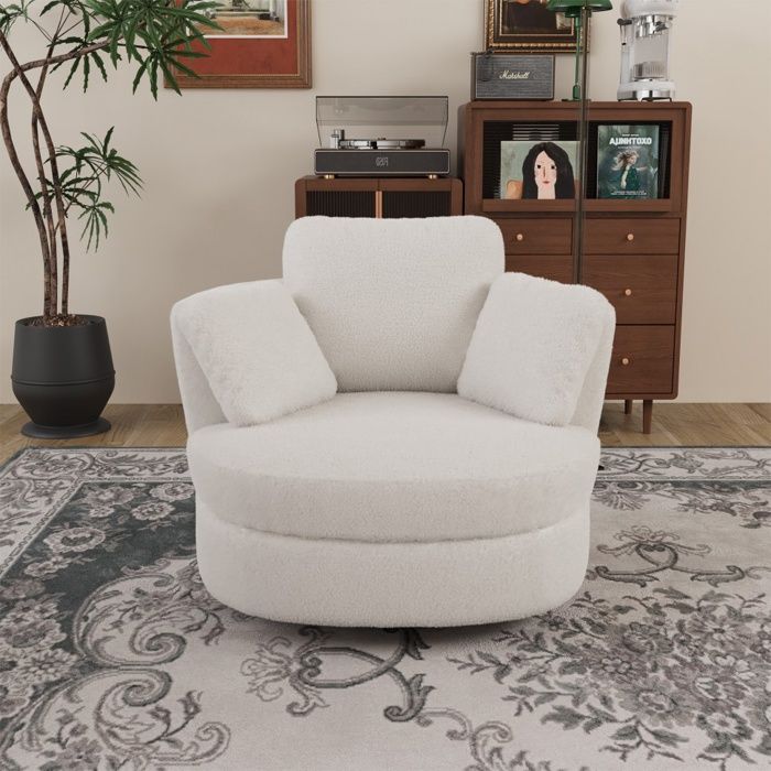 Fauteuil Pivotant 360° Lounge avec 3 Coussins - 103x90.5x85.5 cm - Chaise Longue Confortable - en Tissu Sherpa Ivoire