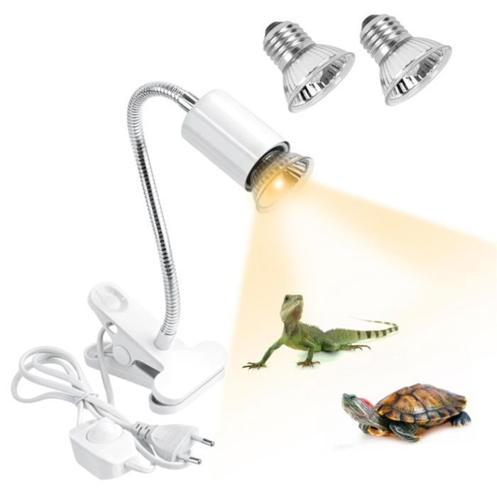 Lampe Chauffante Tortue avec 2 Ampoules(50W UVA/UVB lampe) et Thermomètre E27 Douille Ampoule Pince Pivotante à 360° Rég REFLECTEUR