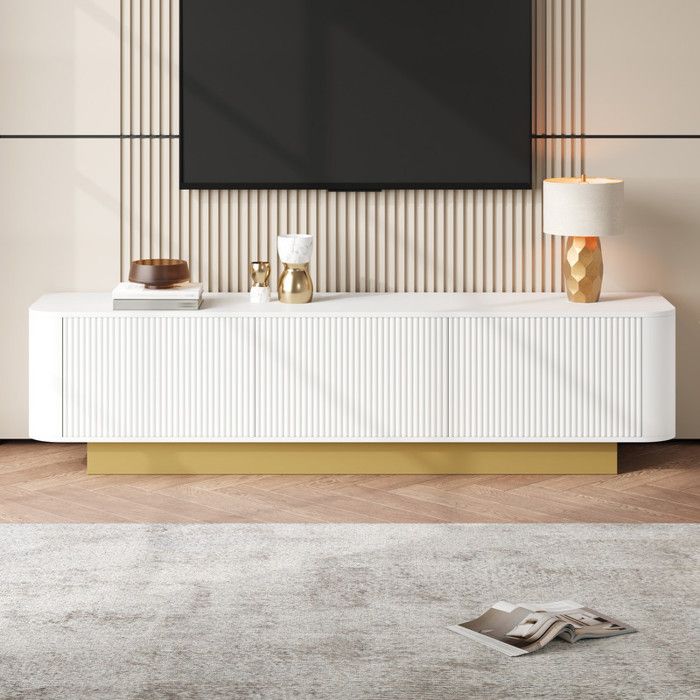 Meuble TV bas moderne avec rangement Design arrondi gestion des câbles façade texturée Meuble multimédia pour salon