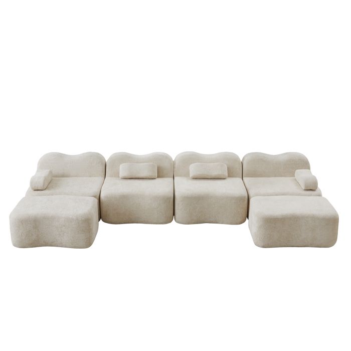 VLIVRA Canapé panoramique en U 4 places - modulaire avec 2 poufs et accoudoirs mobiles - en velours - beige