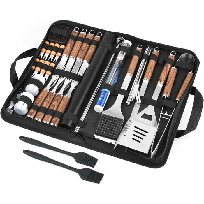 Kit BBQ 38 pcs inox avec sac noir – ustensiles barbecue intérieur/extérieur complet pour grillades cadeau