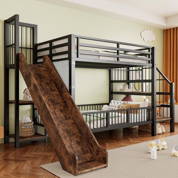 Lit superposé noir métal avec toboggan et escalier de rangement 90x200 cm barrière de sécurité étagères intégrées pour enfants