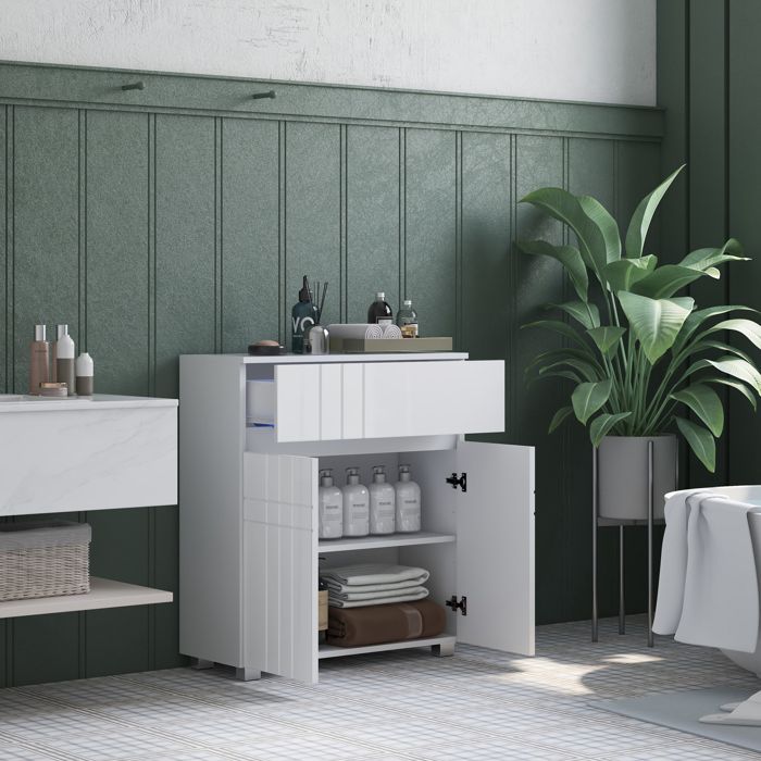 MOTHINESSTO1998-Meuble de rangement pour salle de bain sur pied placard 2 portes 1 tiroir étagère régable blanc laqué