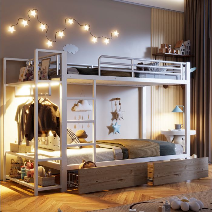Lit superposé enfant blanc 90 × 200 cm en métal avec LED et rangements