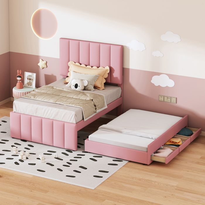 Lit combiné simple enfant 90 × 200 cm avec lit gigogne 3 tiroirs et tête réglable sans matelas rose - UVRION