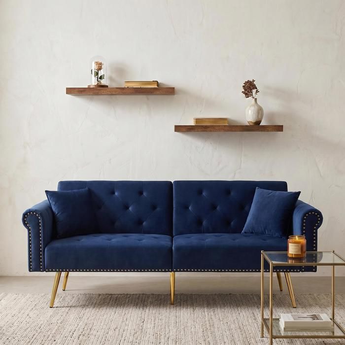 Canapé-lit 2 places FurnitureR en velours avec 2 étagères murales dossier réglable 3 positions – Bleu Canapé-lit 2 places FurnitureR en velours avec 2 étagères murales dossier réglable 3 positions – Bleu