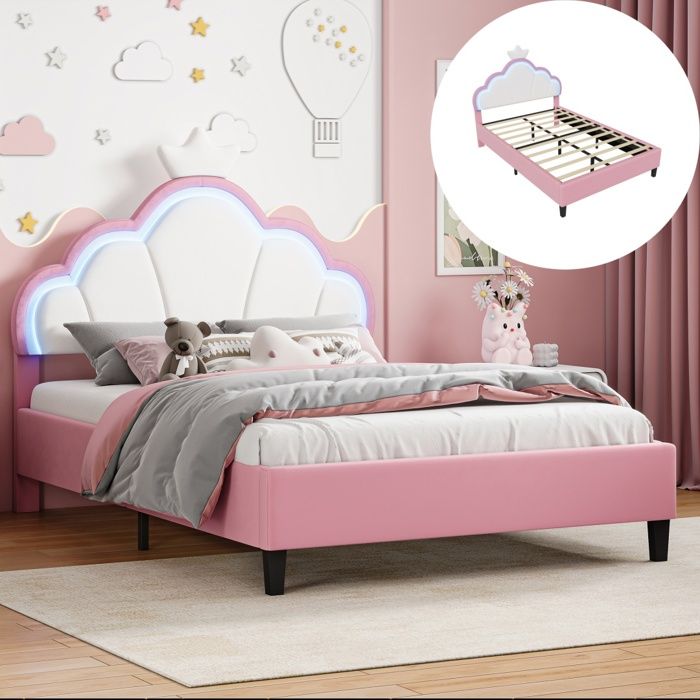 lit enfant fille 140 x 190 avec LED Bande - Sommier à Lattes - Personne pour Enfant Adolescent - blanc rosé Velours - Pas de Matelas
